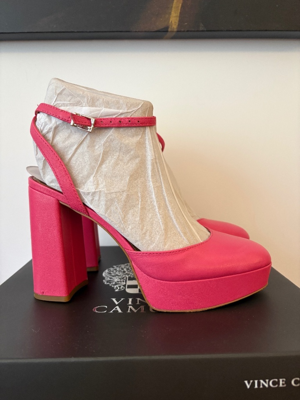 Vince Camuto Patrissya Platform Pump Flamingo Pink Leather Ankle Strap Size 8